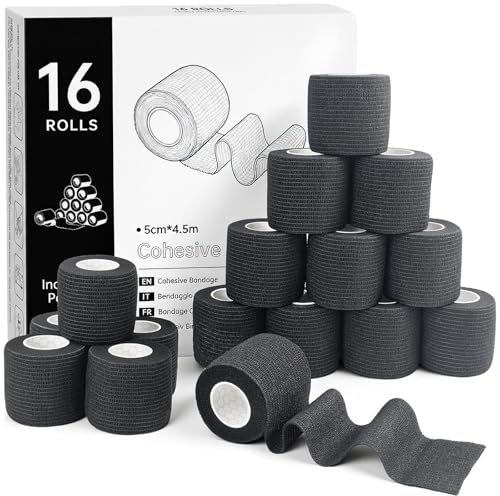 Rokehr Venda Cohesiva, 16 Rollos 5cmX4.5m Venda Cinta Bendaje Adhesiva, Vendas Autoadhesivas Humana y Animal, Tape Vendaje Deportivo, Vendaje Elástico para Muñeca Tobillo Dedos (Negro)