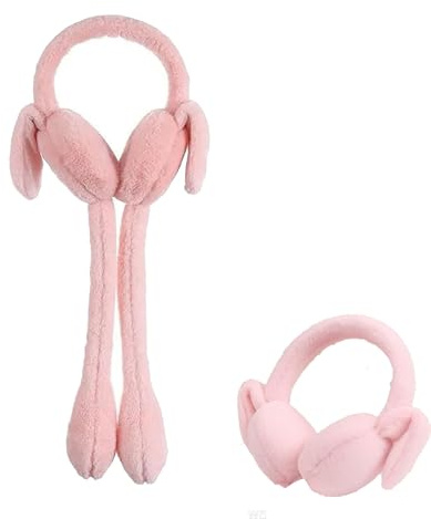 NPLSEO Winter Rabbit Earmuffs for Women and Girls, Fluffy Plush & Faux Fur Ear Warmers for Winter, Soft Warm Ear Muffs with Push-Pump Jumping Rabbit Ears for Adult Kids Boys Girls (Pink)