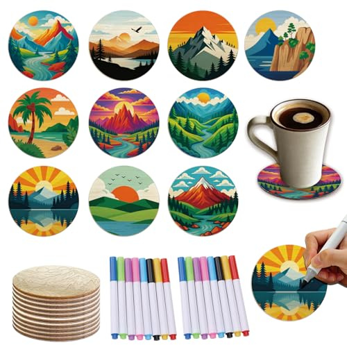 Twinklemon 10 Pezzi Sottobicchieri in Legno da Dipingere con 8 Colori, Set Fai Da Te di 10 cm a Tema Paesaggio, Sottobicchieri in Sughero Rotondi per Arte Creativa, Decorazione da Tavolo per Caffè a