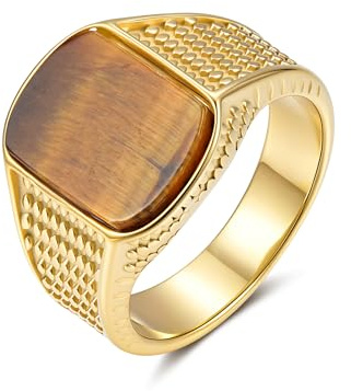 YeGieonr Tiger's Eye Ring for Men, 18K Gold Rings for Men Plated Stainless Steel Mens Signt Pinky Thumb Rings, Natural Gemstone Ring, Non-Tarnish Waterproof Jewelry, Gift for Him
