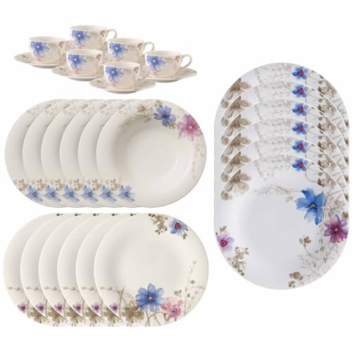 Villeroy & Boch Mariefleur Gris Basic Service de table 30 pièces | Assiettes à soupe, assiettes à petit-déjeuner, tasses à café et soucoupes pour 6 personnes | Service de table avec décor floral |
