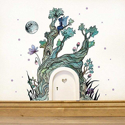 ilka parey wandtattoo-welt® Elfentür Feentür Wichteltür mit Wandtattoo Aufkleber Sticker Baum im Zauberwald mit Elfe Mond und Punkten e06 - ausgewählte Farbe der Holztür: *lila*