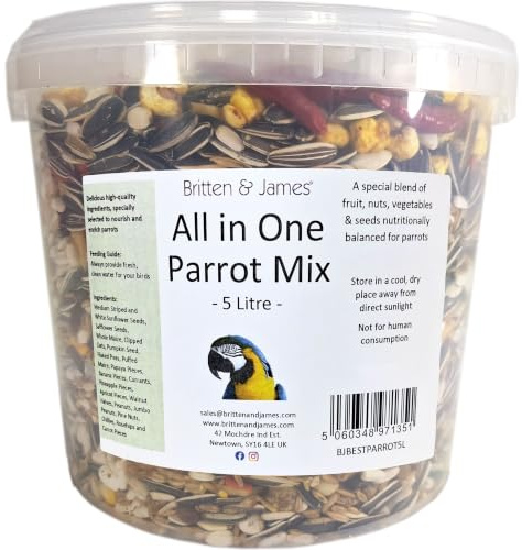 Best All In One Parrot Mix from Britten & James. 5 litre stay fresh tub. This superb mix has been created with no expense spared to be the very best balanced all in one food for your parrot