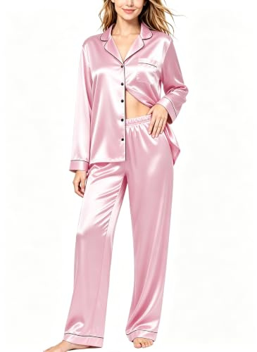 SWOMOG Satin Pyjama Damen Lang Schlafanzug mit Knopfleiste Comfy Seide Nachtwäsche Pyjamas Set Zweiteiliger Hausanzug Frauen Seidenpyjama Rosa