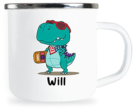 Willi Personalisierte Kindertasse mit Name und lustigem Dinosaurier Motiv Emaille Tasse individuelle Geschenke Kind Geburtstag Junge Mädchen Metallbecher Emailletasse Geschenkidee