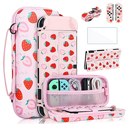 FANPL Joli étui de transport pour Nintendo Switch OLED 2021, coque de protection rose, accessoires avec étui de voyage, coque en PC, bandoulière réglable, poignées pour les pouces, protecteur d'écran