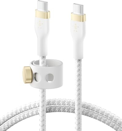 Belkin BoostCharge Pro Flex câble à gaine tressée USB-C vers USB-C, Certifié USB-IF, recharge Power Delivery, câble USB C pour iPhone 16, 15, MacBook, iPad Pro, Galaxy S24, Pixel, etc, 2 m, blanc