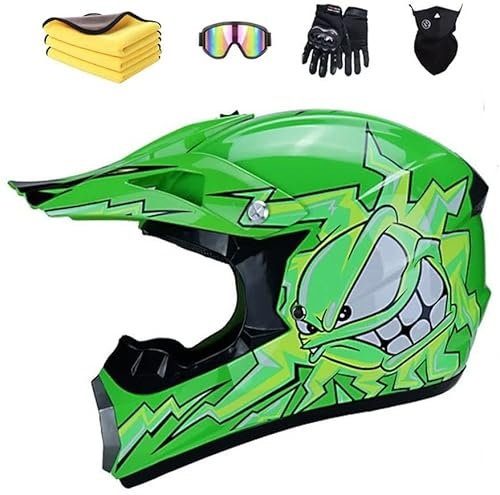 LVSENET Casque De Motocross Convient Enfants Casque De Cross Pour EnfantCasque Downhill Pour Enfants Casque Intégral Moto Cross VTT Avec Lunettes Gants (Vert,S(52-56cm))