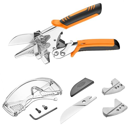 LA ZINNIA Ratchet Miter Shears,Quarter Round Cutting Tool,45°-135° Adjustable Multi-Angle Miter Shear Trim Cutter Hand Tool for PVC & Soft Wood,Includes 3 Anvils & Replaceable Blade & Safety Glasses