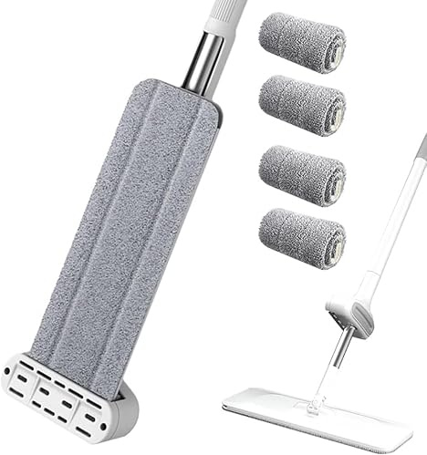 Balai Plat autonettoyant pour Paresseux, Grande serpillère Plate, Balai Plat, Articulation rotative à 360°, serpillère Plate avec serpillères réutilisables en Microfibre (36cm, 4 Chiffons)