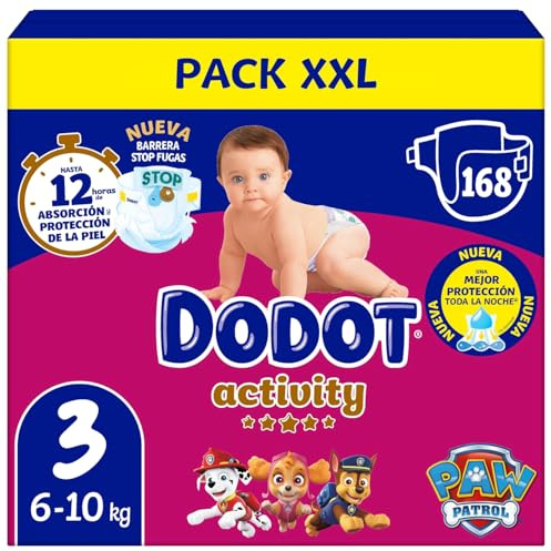 Dodot Pañales Bebé Activity, Talla 3 (6-10 kg), 168 Pañales, Hasta 12h de Protección Antifugas y Ajuste, Pack Mensual