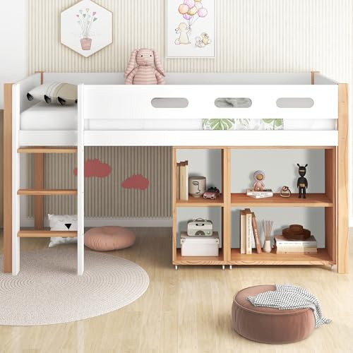 Merax Etagenbett Hochbett 90x200 cm mit Stauraum und beweglichem Schrank - Hochbett mit dreistufiger rechtwinkliger Treppe (ohne Matratze) Natur+Weiß