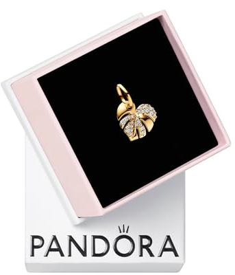Pandora Moments Charm pendant Monstera en métal plaqué or 14 carats avec zircones cubiques transparentes