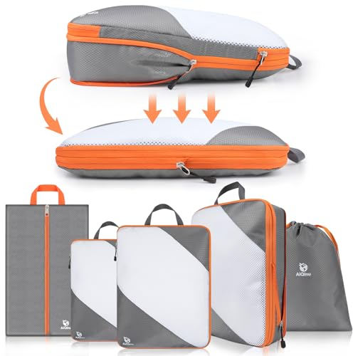 AiQInu Rangement Valise Lot de 5,Packing Cubes Compression Organisateur de Voyage Ultraléger, Extensible, Sac Compression à Chaussures, Bagage