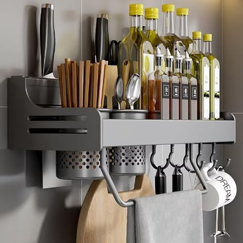 ZOKT Spice Rack Organiser, Spice Racks Wall Mounted, With Adhesive Stickers Kitchen Spice Organiser, Wall Mounted Spice Rack is Suitable for Ceramic tile Wall, Glass, Grey 40cm.