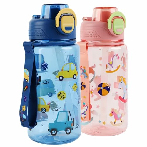 MHwan Trinkflasche Kinder, 600ml Bruchsichere und Robuste, Trinkflasche Auslaufsicher Kinder mit Strohhalm, BPA-Frei, Schöne Kinder Wasserflasche Geeignet für Schule Reisen, Tragbare Trinkflasche Kind