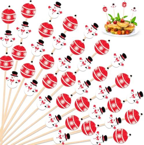 SRIZIAN 100 Stück Cocktailspieße, 5.1Inch Weihnachtsschneemann und Ball Obstspieße Bambus Cocktail Picks Cocktail Sticks für Obst, Cocktail, Vorspeisen, Getränke Party Dekoration