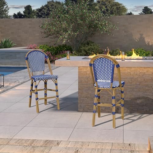 PURPLE LEAF Barhocker 2er Set Alu Rattan Bambusoptik für Garten, Dunkelblau | Rostfreier Alurahmen, Wetterfestes PE-Rattan, Bis 150 kg belastbar, Französischer Bistrostil, Gartenstuhl