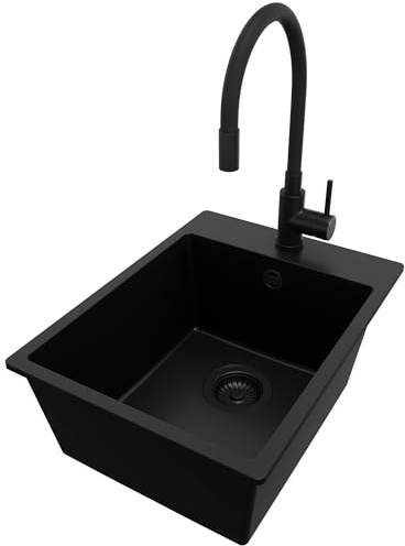 PRIMAGRAN Evier Cuisine en Granit Tout Noir 38x50cm, Lavabo 1 bac + Robinet 40x38cm + Kit de Vidage, Évier à Encastrer al mueble 40cm - Riga S062