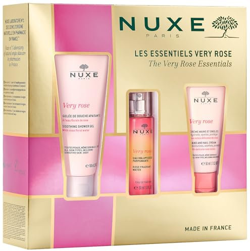 Nuxe Very Rose Essentials Christmas Gift Set – Soothing Shower Gel 100ml, Rose Fragrant Water 30ml & Hand and Nail Cream 50ml – Luxurious Trio for Gift Birthdays or Travel