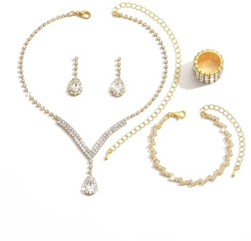 Hanaoops Set di Gioielli da Sposa Strass Scintillanti Collana Braccialetto Anello e Orecchini Set da Donna Elegante Set di Gioielli in Argento per Fidanzata Moglie per San Valentino (Oro)