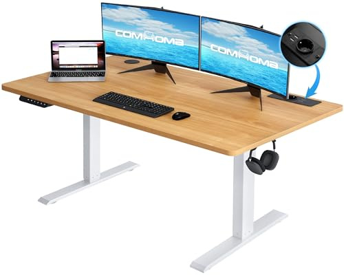 COMHOMA Höhenverstellbarer Schreibtisch 160x70 cm mit USB-Buchse und Haken, Elektrisch Verstellbarer Computertisch, Steh-Sitztisch Stehpult Stehschreibtisch braun