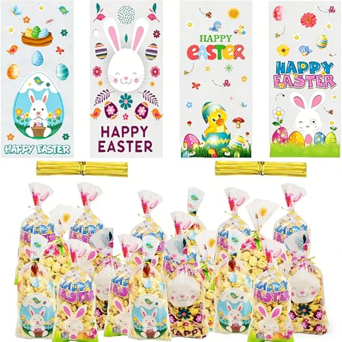 100 Stück ostertütenr - osterkörbchen osterkörbchen kinder mit Hasen Motiv & Binder - Durchsichtige Zellophanbeutel als osternester zum Befüllen für Süßigkeiten, Kekse & Party, ostertüten zum befüllen