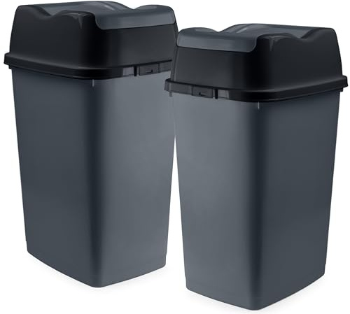 Garbage Cans with Swing Top-Split Lids | Large Kitchen Trash Cans with Lids | Durable Plastic |Slim & Sturdy Trash Bins | Fingerprint Resistant | 13 Gallon / 50 qt / 50 L - Grey/Black | Superio