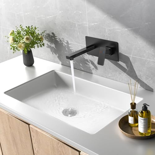 ROVOGO Schwarz Wandmontage Waschtischarmatur Unterputz mit Schutzkappe, 2-Loch Wasserhahn Bad aus Edelstahl 304, Einhebel Mischbatterie Waschbecken, Unterputz Bad Armatur Waschtisch, Bad-Wandarmatur