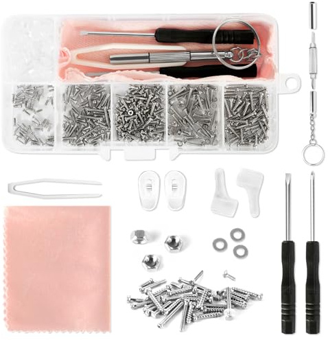 MOXYOY 500 Pcs Glasses Repair Tool Kit,Spectacle Repair Kit,Eyeglass Repair Tool Set,with Mini Screwdrivers,Screws Nuts,Silicone Nose Pads,Tweezer,Glasses Cloth,for Sunglasses,Watches,and Small Elec