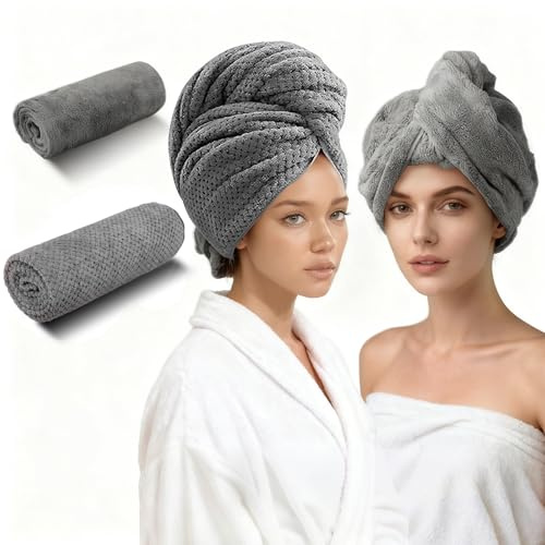 Fourindo 2 Stück Graue Mikrofaser Haarturban Set mit Knopfdesign – Super Saugfähig & Schnell Trocknend für Langes, Dickes und Lockiges Haar, Inklusive Bandana-Tuch und Rechteckigem Tuch