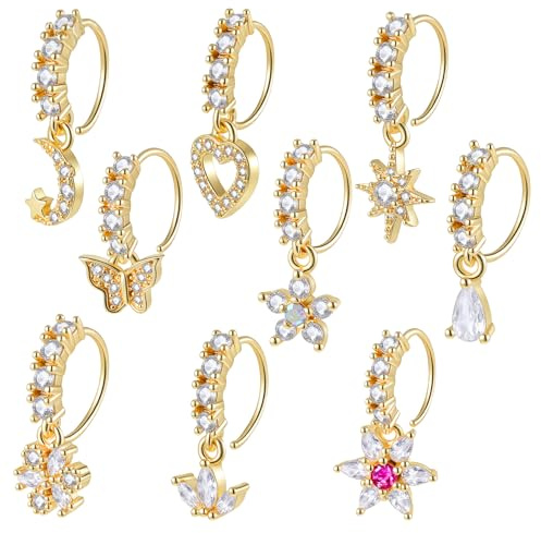 Yolev 9 Stück 20G Nasenpiercing Gold Nasenring für Damen Anhänger Baumelnder Nasenpiercing Gold mit Zirkonia Herz Star Blume Schmuck für Frauen und Männer