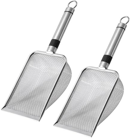 Gissroys 2 cucharas de acero inoxidable para gatitos para mascotas, herramienta de limpieza de arena para el suelo, colador de jardín