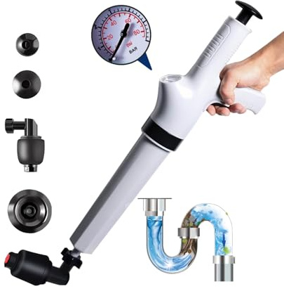 Qcesorib Pompa Stura Scarichi a Pressione con Barometro, Sturalavandino ad Aria Compressa con 4 Teste Sostituibili, Sturalavandini a Pressione, per Disintasare WC Lavello Doccia, Grigio