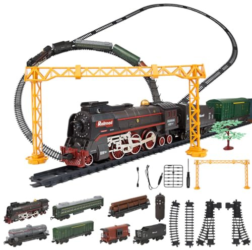 Elektrische Zug für Christbaum, RC Elektrische Weihnachtszug-Set mit Fernbedienung, Lokomotive, Waggons und Schienen, Schienen, Dampf, Licht & Sound Geschenk Under Tree Weihnachts Eisenbahn