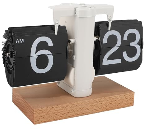 ZASCHMOY Mechanische Retro-Flip-Uhr, 12 Stunden AM/PM, Holzsockel, Batteriebetrieben, Klassische Digitale Flip-Uhr für Zuhause und Büro. (Schwarze Seite)