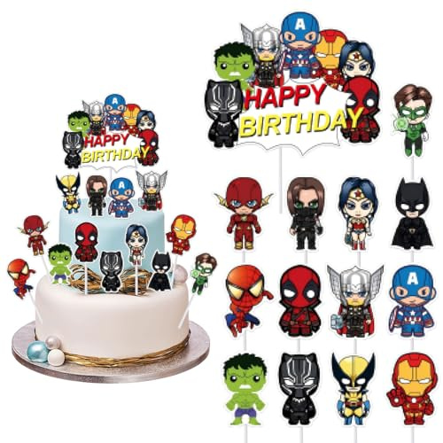 14 Stück Super Tortendeko,Happy Birthday Cupcake Toppers,Supertortendeko,Cartoon Tortendeko Geburtstag,Party Kuchen Dekoration,Geburtstag Party Torte Deko Supplies