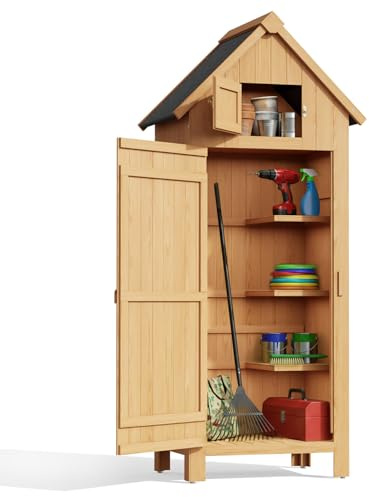 Blishom Gartenschrank, Holzwerkzeugschuppen aus Holz, Gartengerätelagerung mit Regalen, Belüfteter Gartenschrank mit Asphaltdach, Geeignet für Rasen, Garten, Hof, 77x54,2x179cm, Natur