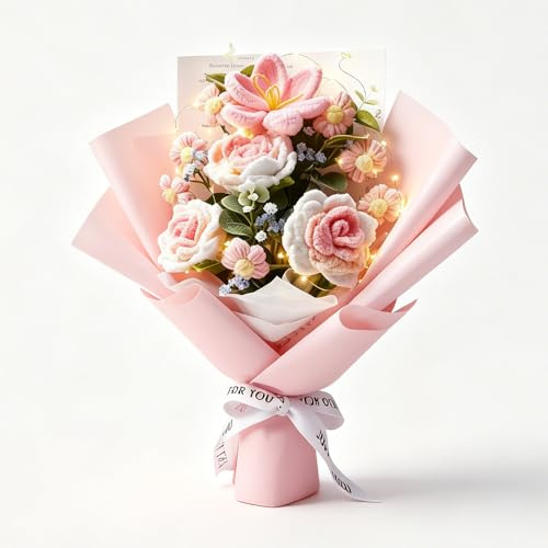 NAVESO Bouquet di fiori all'uncinetto con rosa e tulipani, sacchetto regalo, catena luminosa e biglietto di auguri per matrimoni, lauree, compleanni, festa della mamma