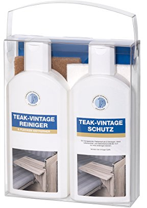 Pflegeset Teak Vintage Reiniger und Schutz für Teak Möbel mit Vintage Optik Strandkorb