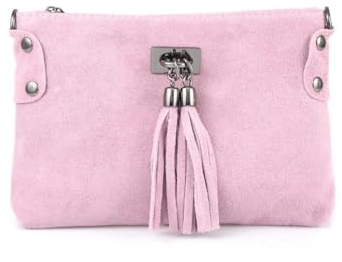 Made in Italy Damen Leder Clutch Tasche Messenger Bag Henkeltasche Wildleder Handtasche Umhängetasche Ledertasche Schultertasche Beuteltasche Fransen Cross-Over Rosa