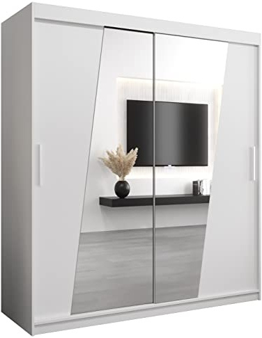 MEBLE KRYSPOL Rhomb180 Schlafzimmerschrank mit Zwei Schiebetüren, Spiegel, Kleiderstange und Regalen – 180x200x62cm - Mattweiß