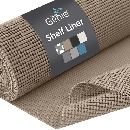 HOME GENIE Original låda och hyllfoder, icke självhäftande rulle, 17,5 tum x 10 FT, hållbar och stark, greppfoder för lådor, hyllor, skåp, skafferi, förvaring, kök och skrivbord, lätt brungrå