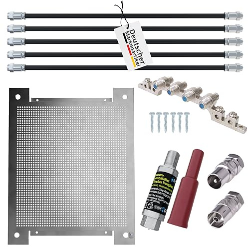 maxx.onLine Lochblech Montageplatte SET für Kabel TV Antennenverstärker, Sat- / Kabel Verteiler inkl. 35cm FLEX F-Stecker Verbindungskabel, Kabel-TV Überspannungsschutz, Erdungsblock, 4 Teilnehmer