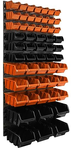 Etagere murale 57 bacs a bec oranges et noires, panneau murale 58 x 117 cm Etagere empilable pour garage, atelier, banc de travail, systeme de rangement modulable, fixer au mur