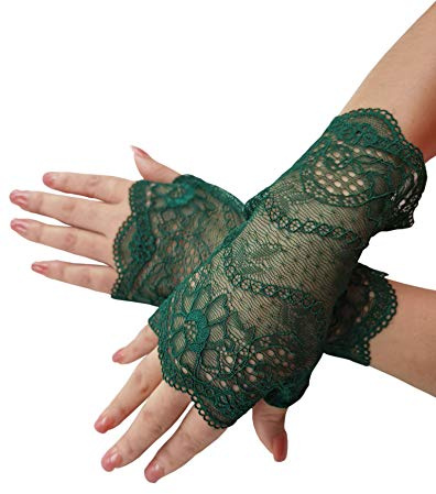 YHDDYG Women's Vintage Green Lace Fingerless Gloves for Tea Party, Spring Wedding & Opera | Elegant Stretchy Gloves with Breathable Design S62 (Green, One Size)