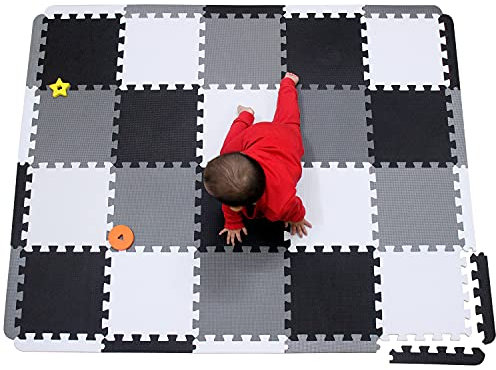 Meiqicool Tapis de Jeu en Mousse à Emboîter - Puzzle à 18 Bords pour Enfants et Bébé - Sol en Mousse - Blanc, Noir et Gris - ADL20