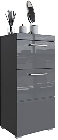 Newroom Kommode Badezimmer Schrank Grau Hochglanz mit viel Stauraum - 37x79x31 cm (BxHxT) - Badezimmerschrank Badkommode Badezimmermöbel - [Trinity.Ten]
