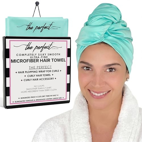 THE PERFECT HAIRCARE Toalla de Microfibra Lisa para el Cabello, Turbante Absorbente para el Secado Rápido Ideal para Relo Rizado y Largo para Mujeres y Chicos, Reduce la Esponjosidad Color Aqua