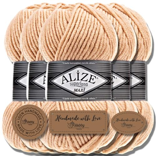 Alize 5 x 100g Superlana Maxi Türkische Premium Wolle Baumwolle und Acryl Uni Handstrickgarne, Yarn, Garn, Strickgarn, Einfarbig, Baby, zum Häkeln Stricken Kleidung Schals (Cream Caramel - 502)